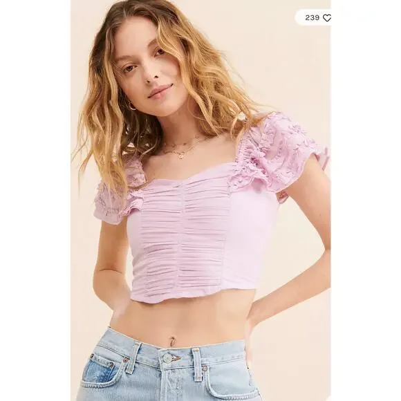 Free People Thank You Very Sweetly Ruffle Crop Top Pink Size Large - Picture 2 of 8